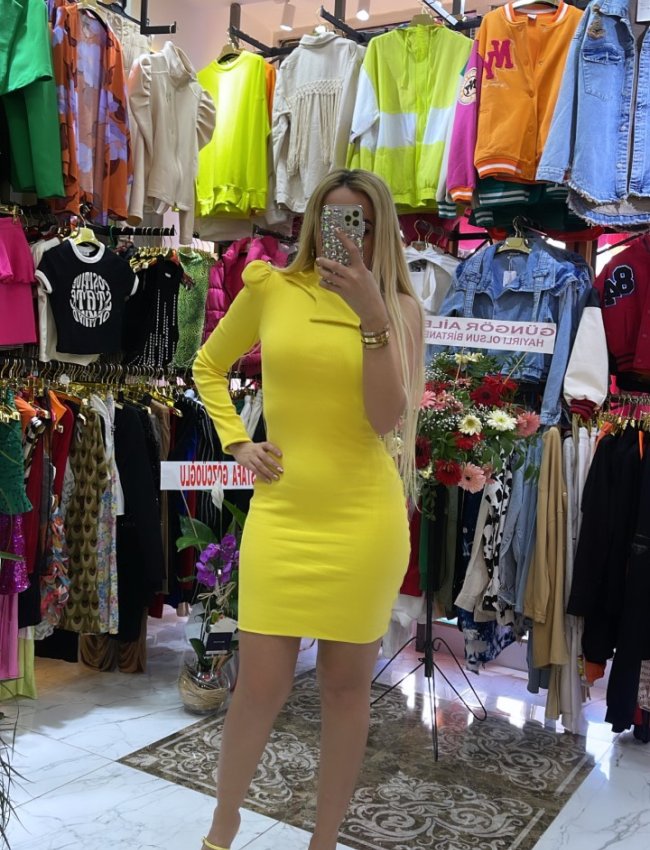 Sari Tek Kollu Elbise