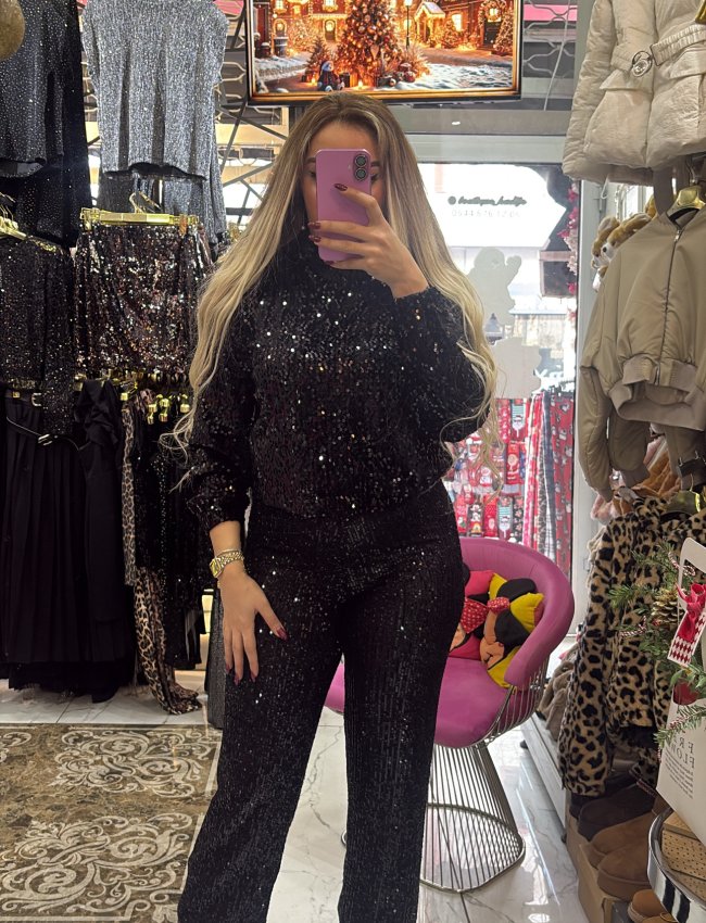 siyah kapsonlu payetli sweatshirt