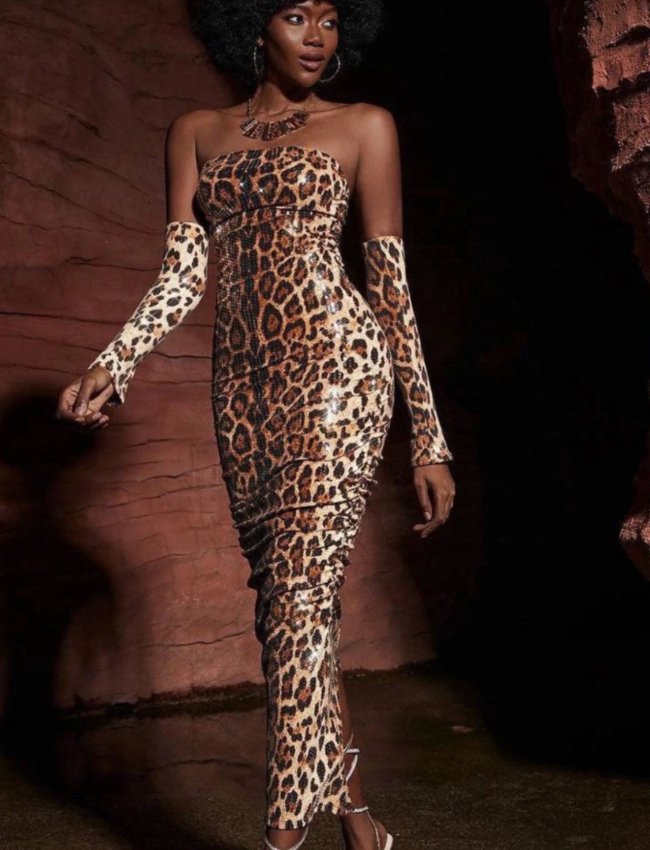 Uzun leopar payetli elbise