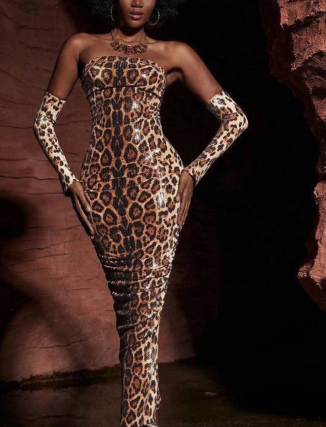 Uzun leopar payetli elbise