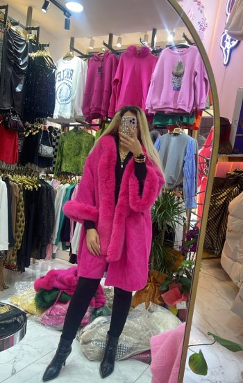Pembe Angora Pelus Kürk Standart Beden